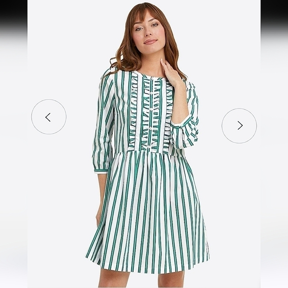 Draper James-Ruffle Placket Shift Dress in Bold Green Stripe-Size Medium